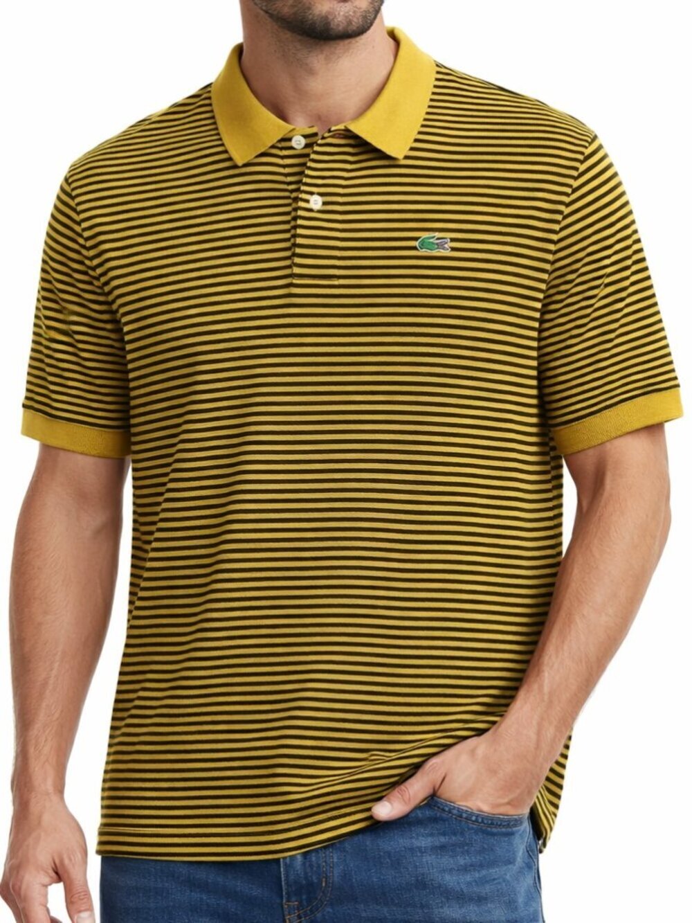 Lacoste Polo Shirt Men’s Size 7 Yellow Black Striped Pique Cotton Crocodile Logo